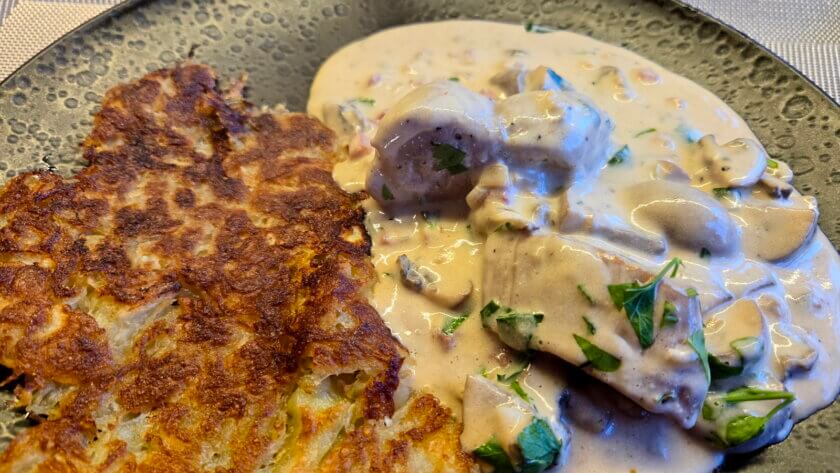 Filettopf mit Champignons und Rösti